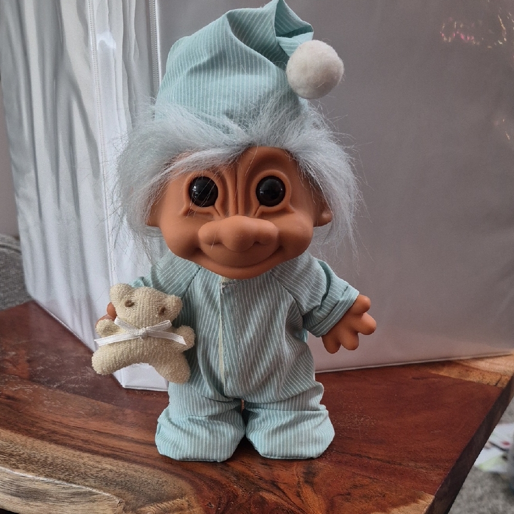 Large Russ Troll Doll in Light Blue Pajamas with Teddy Bear